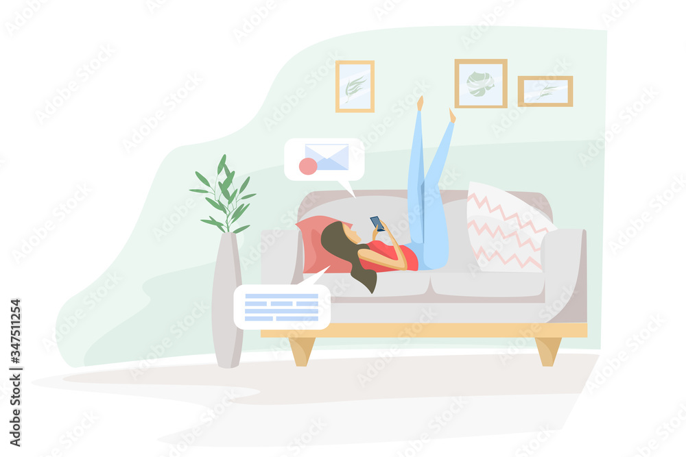 Flat vector illustration. The girl lies on the couch and is texting on the phone. Emails. Quarantine during the coronavirus pandemic, self-isolation. Stay at home. Flat vector illustration. The girl lies on the couch and is texting on the phone. Emails. Quarantine during the coronavirus pandemic, self-isolation. Stay at home.