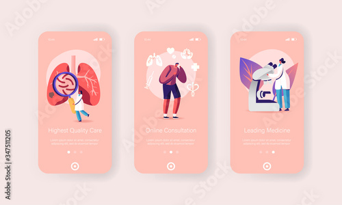 Respiratory Medicine Pulmonology Healthcare Mobile App Page Onboard Screen Template. Doctor Characters Check Sick Human Lungs. Medical Pulmonological Care Concept. Cartoon People Vector Illustration