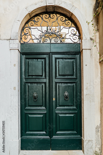 an old green door with handles in the shape of a lion's head © fee76