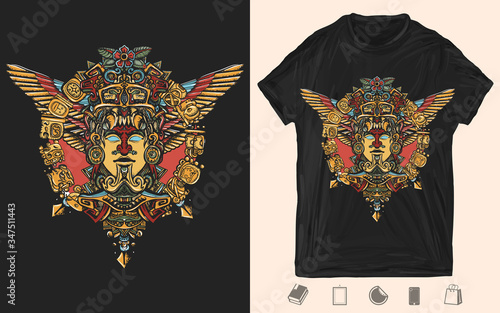 Ancient Mayan totem. Aztec god. Gold idol with wings. Mexican mesoamerican mythology. Creative print for dark clothes. T-shirt design. Template for posters, textiles, apparels