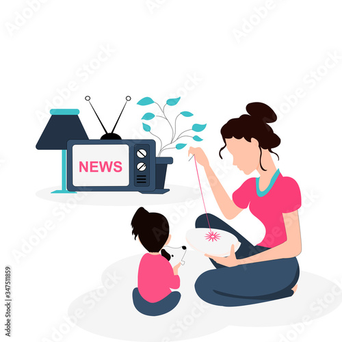 The mother embroidered the garden clothes, set at home and the daughter held a long dog doll. Happily and safely watching TV news together in their warm home, vector isometric design concept.