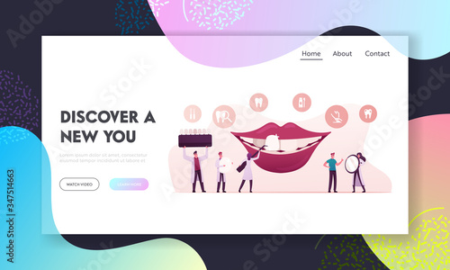 Aesthetic Stomatology Landing Page Template. Tiny Dentist Doctor Characters in Medical Cabinet with Equipment around of Huge Mouth Install Dental Veneers to Patient. Cartoon Vector People Illustration