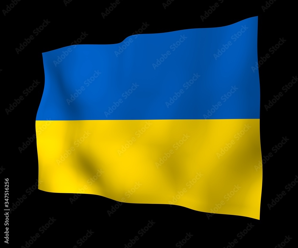 Obraz premium The flag of Ukraine on a dark background. National flag and state ensign. Blue and yellow bicolour. 3D illustration waving flag