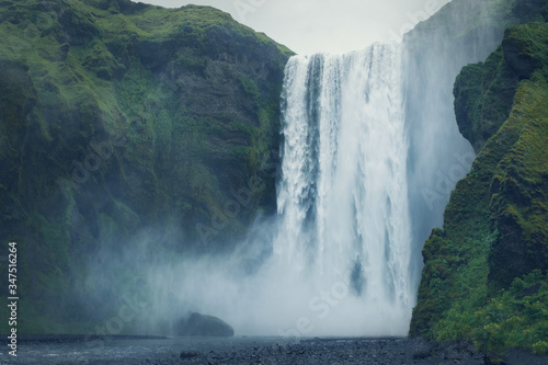 Beautiful scenery of the majestic Skogafoss waterfall, Iceland