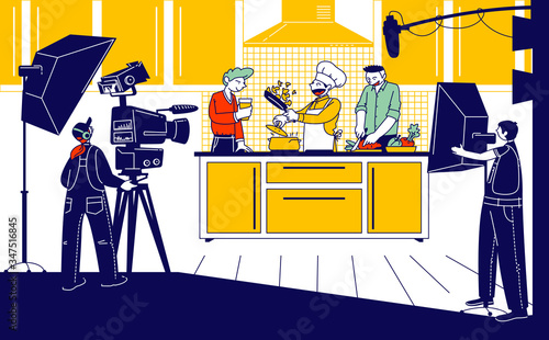Culinary Program, Show or Blog Broadcasting. Man in Chef Uniform Cooking Dish on Kitchen Interior Background, Television Crew Characters Recording Video on Camera. Linear Vector People Illustration