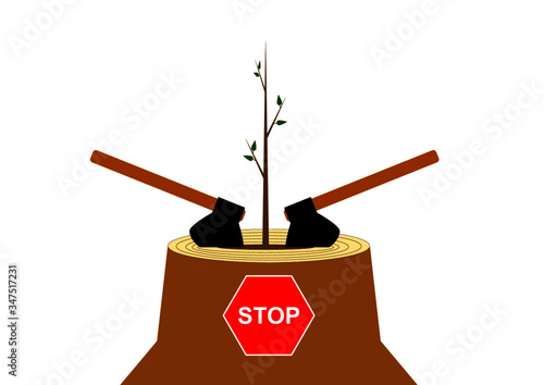 No deforestation with a carpentry tool with an ax. Environmental protection. Timber industry. Ecological catastrophy. Joiner's tool. Vector image. Stop sign.