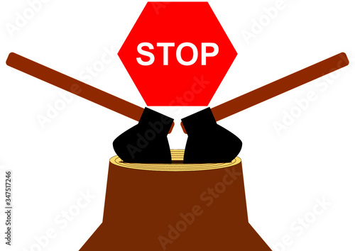 No deforestation with a carpentry tool with an ax. Environmental protection. Timber industry. Ecological catastrophy. Joiner's tool. Vector image. Stop sign.