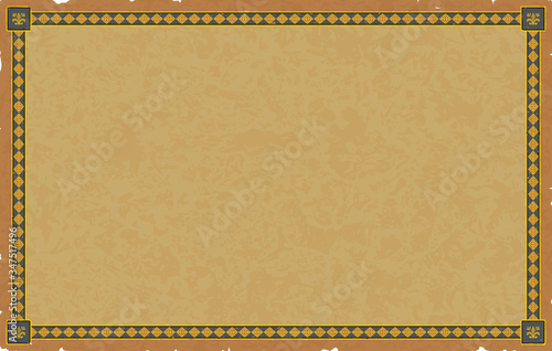 Old blue and yellow medieval frame with heraldic flowers on a worn parchment paper.