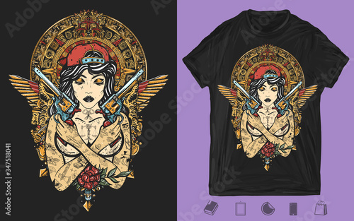 Bad girl, crossed guns, golden wings and mayan sun. Cool gangster tattooed woman in baseball cap. Creative print for dark clothes. T-shirt design. Template for posters, textiles, apparels. Crime art