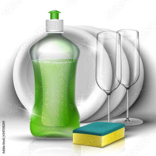 3d realistic vector cleaning dishes liquid with set of dishes and glasses. Household and kitchen cleaning concept.