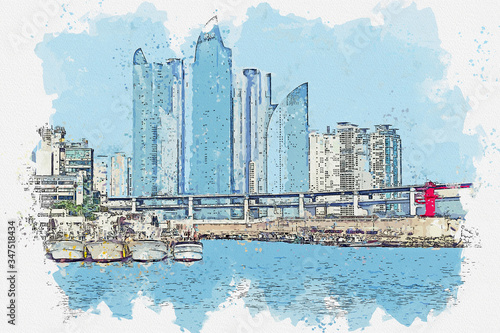 Watercolor drawing picture City skyline in the Haeundae district. Busan, South Korea. photo