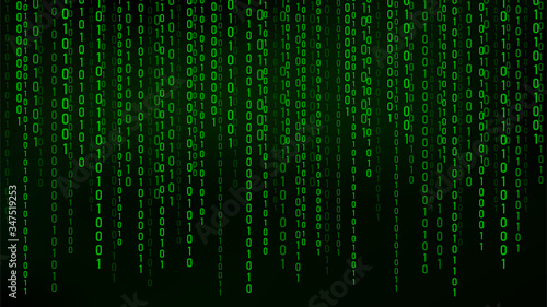 Green matrix background. stream of binary code. Falling numbers on dark backdrop. Digital computer code. Coding and hacking. Vector illustration.