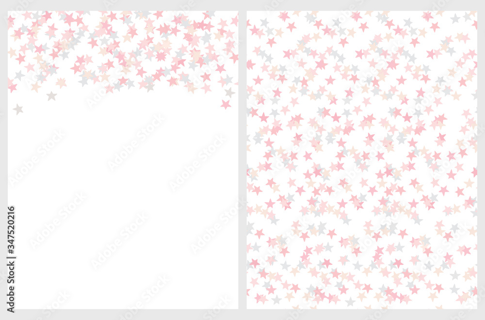 Tiny Stars Seamless Vector Pattern and Layout. Irregular Hand Drawn Simple Starry Print. Pink Confetti Rain. Pink and Gray Falling Stars Isolated on a White Background. Backdrop without Text. 