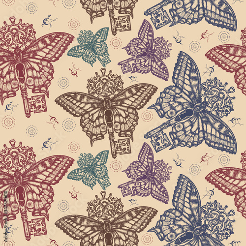Butterfly and magic key seamless pattern. Packing old paper, scrapbooking style. Vintage background. Medieval manuscript, engraving art. Mystical symbol of freedom, spiritual search, flight, travel