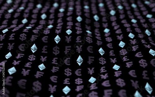 Ethereum crystal and currency on a dark background. Digital crypto currency symbol. Business concept. Market Display. 3D illustration