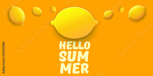 Vector Hello Summer Beach Party horizontal banner Design template with fresh lemon isolated on orange background. Hello summer concept label or poster with orange fruit and typographic text.