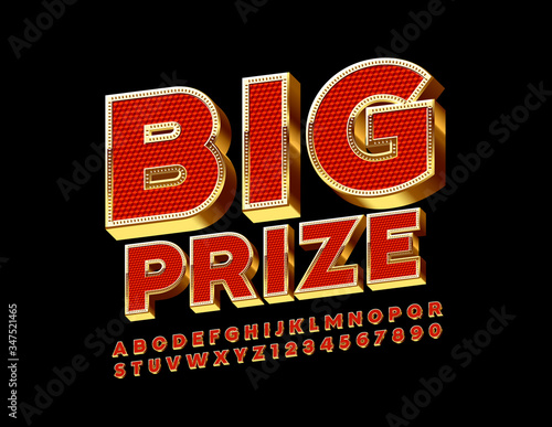 Vector chic promo poster Big Prize. Red and Golden Alphabet Letters and Numbers. Chic 3D Font