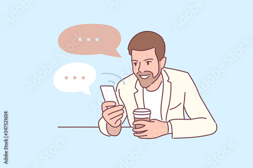 Modern communication concept. Man chatting, messaging using chat app or social network on mobile phone. Conversation sending messages. Flat hand drawn style vector illustration. Blue background.