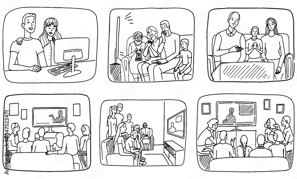 Set of hand drawn vector illustrations. Families and roommates watching TV or sit at the computer. Collection of simple doodles of people watching the news at home. Outline drawing isolated on white.