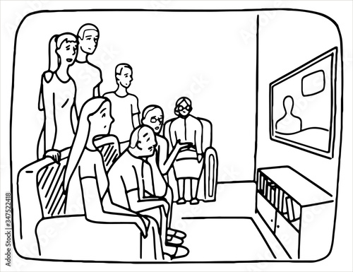 Hand drawn vector illustration. Big family, roommates watch TV at home. Young and old, women and men follow the news together. Black outline drawing isolated on white. Doodle, flat, simple style.