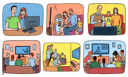 Set of hand drawn vector illustrations. Families and roommates watching TV or sit at the computer. Collection of simple doodles of people watching the news at home. Colored drawing isolated on white.