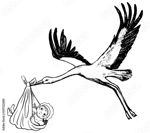 Flying stork with a baby. Sketch of crane with newborn child. Hand drawn vector illustration in vintage style isolated on white. Cute illustration for postcards, decor, design, prints, posters, banner