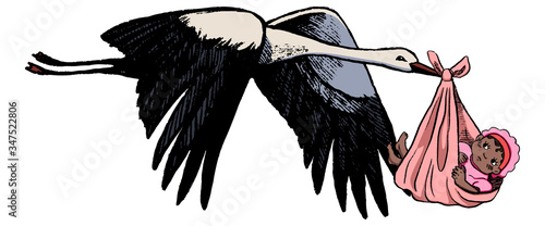 Flying stork with a dark skinned baby. Sketch of crane with newborn. Hand drawn vector illustration in vintage style isolated on white. Cute illustration for postcards, decor, design, prints, posters.