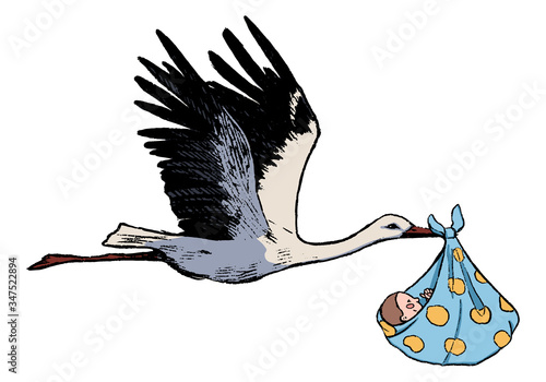 Flying stork with a baby. Sketch of crane with newborn child. Hand drawn vector illustration in vintage style isolated on white. Cute illustration for postcards, decor, design, prints, posters, banner