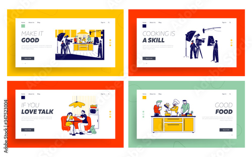 Culinary Program, Show or Blog Broadcasting Landing Page Template Set. Man in Chef Uniform Cooking Dish on Kitchen, Television Crew Characters Record Video on Camera. Linear Vector People Illustration