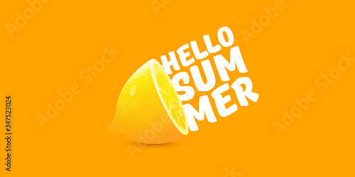 Vector Hello Summer Beach Party horizontal banner Design template with fresh lemon isolated on orange background. Hello summer concept label or poster with orange fruit and typographic text.