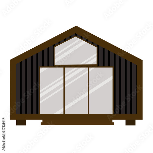 Fototapeta Naklejka Na Ścianę i Meble -  Modern wood house in country 
outside view. Rural barnhouse with big window on piles. Home is built from clickfalz. Illustration in flat style. 