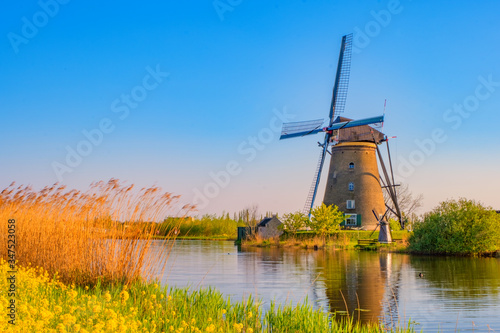 windmills in holland on a sunny day