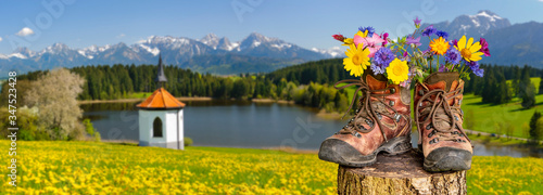 walking boots with beautiful flowers on trekking tour