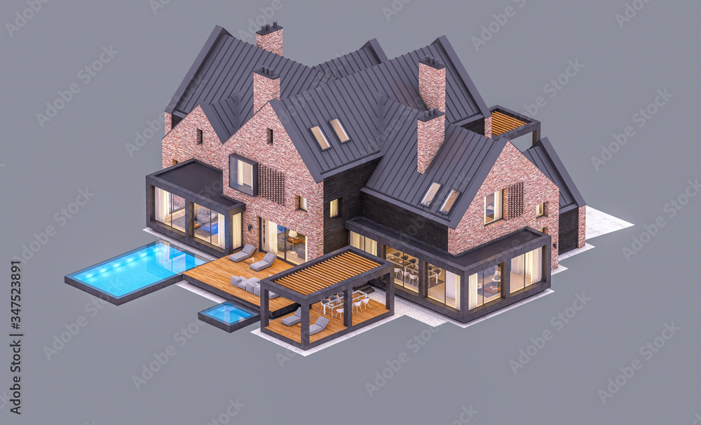 3d rendering of modern cozy clinker house on the ponds with garage and pool for sale or rent in evening with cozy light from window. Isolated on gray