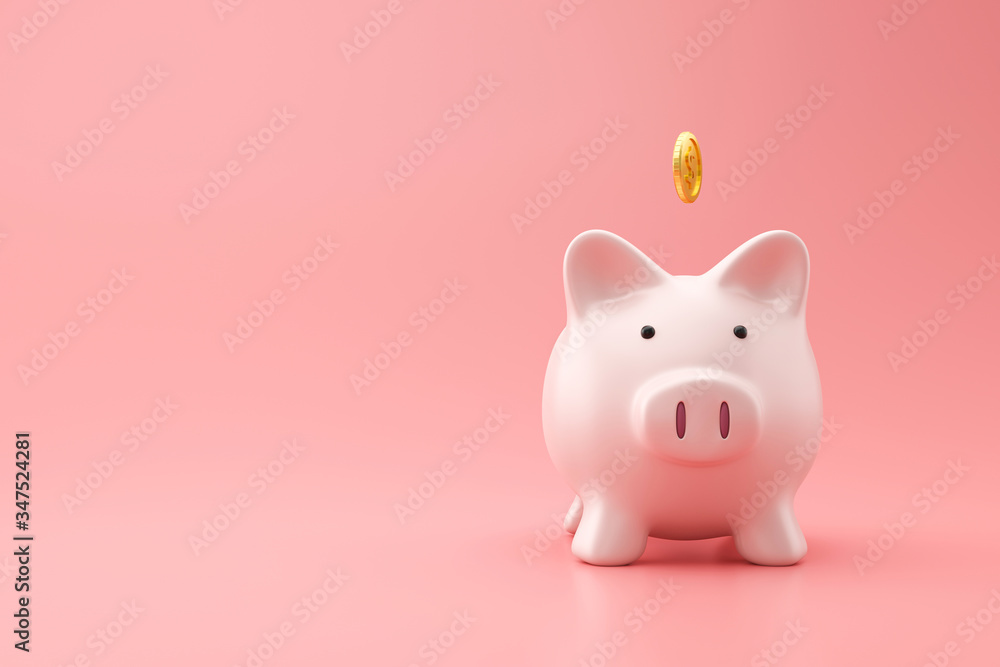 Piggy bank and golden coin on pink background with saving money concept. Financial planning for the future. 3D rendering. - obrazy, fototapety, plakaty 