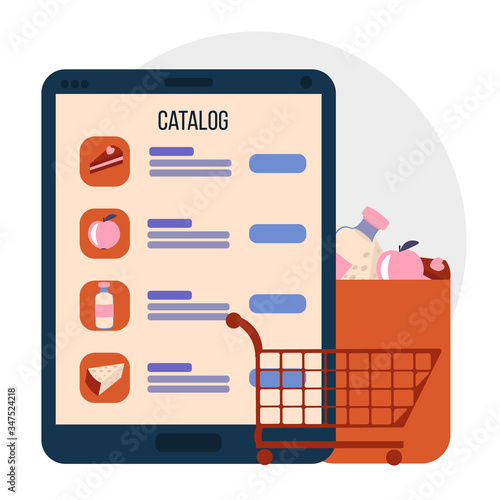 Online grocery shopping concept. Tablet with open supermarket app , cart and poket with foodstuff. Delivery internet service for gadget. Illustration in flat style.