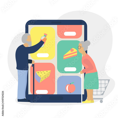 Online grocery shopping and  
helping older people concept.  Old man and woman Make order in delivery service.  Care for relatives during quarantine. Cute happy illustration in flat style.  photo