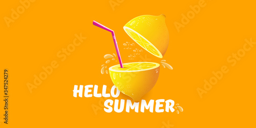 Vector Hello Summer Beach Party horizontal banner Design template with fresh lemon isolated on orange background. Hello summer concept label or poster with orange fruit and typographic text.