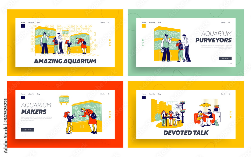 Characters in Pet Shop Watching Fish in Aquarium, Girlfriends Meeting Landing Page Template Set. Parents Buy Fish for Children in Zoo Market. Annoying Talk in Cafe. Linear Vector People Illustration