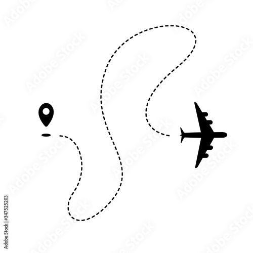 Plane path with start point and dashed route. Airlines graphic. Black silhouette isolated on white background. Vector illustration.