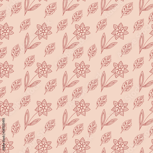 Neutral colors folk floral seamless pattern. Hand drawing vector illustration. Boho flowers and leaves doodles.