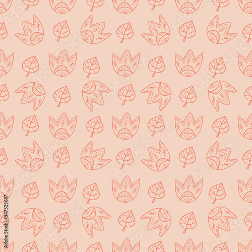 Neutral colors folk floral seamless pattern. Hand drawing vector illustration. Boho flowers and leaves doodles.