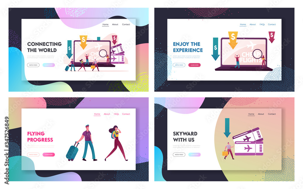 Lowcoster, Cheap Flight and Saving Vacation Budget Landing Page Template Set. Tiny Characters People Buying Airplane Tickets Online Save Money for Holidays and Traveling. Cartoon Vector Illustration