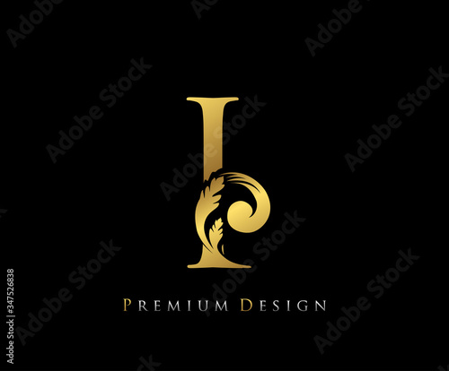 Gold Elegant letter I. Graceful Royal style. Calligraphic beautiful logo. Vintage drawn emblem for book design, wedding logo, letter stamp, Restaurant, Boutique, Hotel.