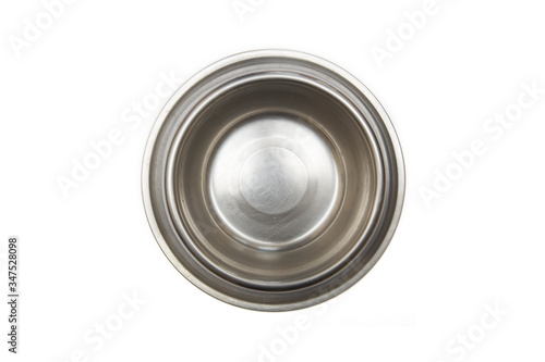 Empty metal pets bowl isolated on white background