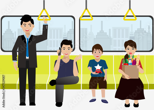 Happy passengers in sky railway/ train. Vector Illustration. Idea for public mass transportation.