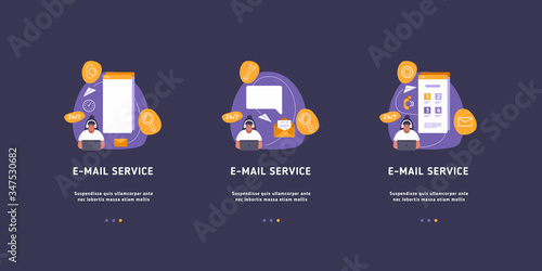 Email services and marketing vector template. woman with headset is working at email service marketing strategy.