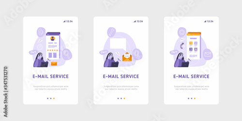 Email services and marketing vector template. woman with headset is working at email service marketing strategy.