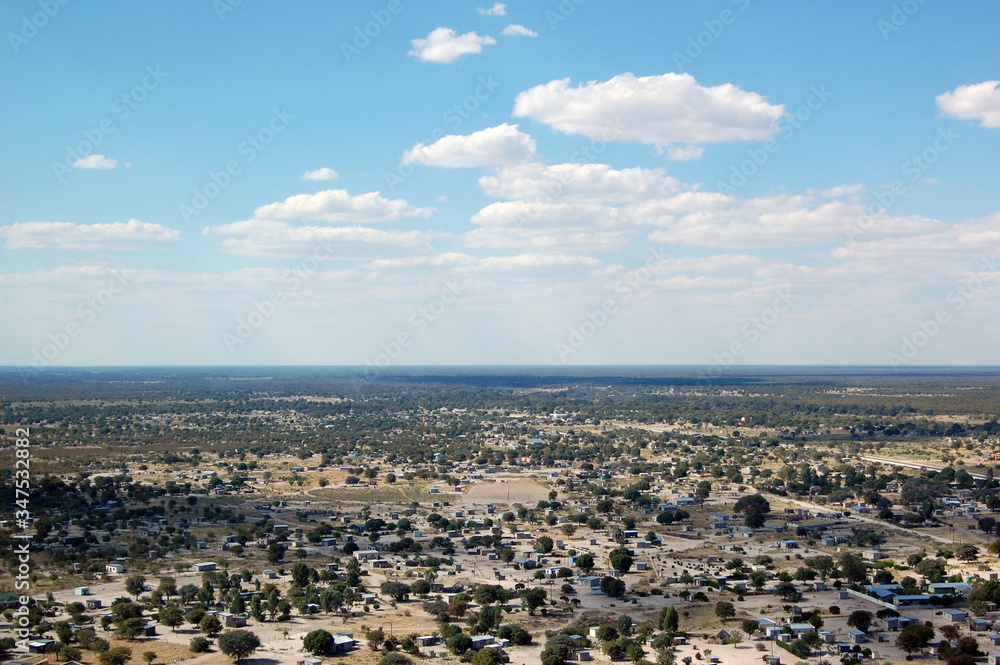 Aerial view of Maun looking out towards the Okavango Delta
