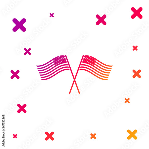 Color Two crossed American waving flags icon on white background. National flag of USA. The United States of America flag. Independence day. Gradient random dynamic shapes. Vector Illustration